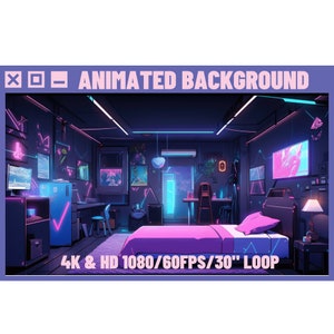 Chambre de gamer néon en arrière-plan animé pour Vtuber, Twitch ou streamers. Chambre néon rétro, anime, lofi, fond de flux, boucle HD et 4K de 30 secondes