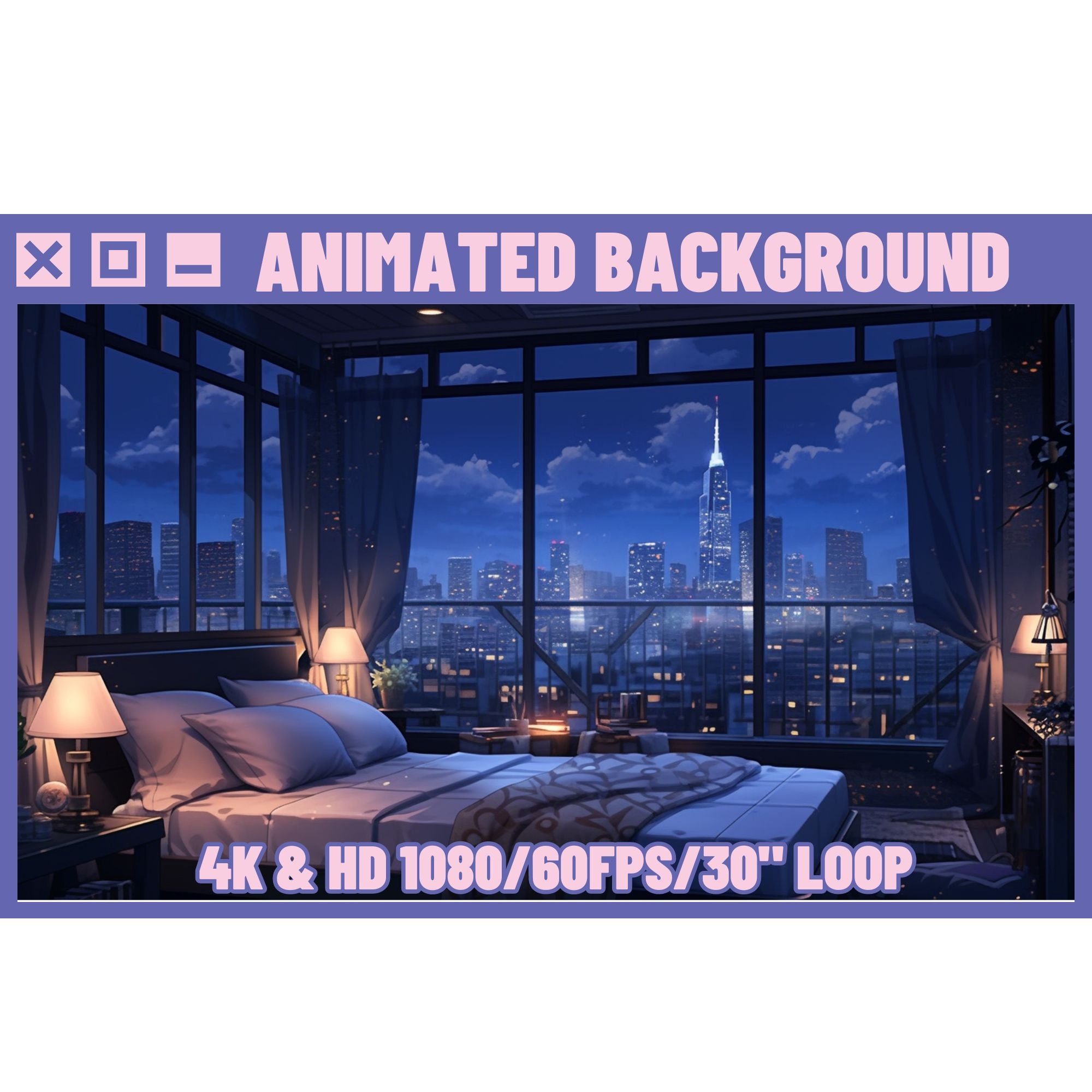Animated Background Nighttime Lofi Urban Bedroom with Window Fireworks Vtuber, Twitch or Streamers. stream background, HD & 4K 30sec loop