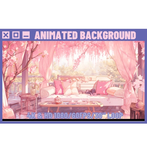 Animated Background Pink Petals Falling Patio Sun Room for Vtuber, Twitch or Streamers. Lofi, stream background, HD & 4K 30sec loop