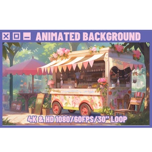 Animierter Hintergrund Gemütlicher Lofi Cottagecore Blumenwagen für Vtuber und Twitch Streamer. Anime style, lofi, Stream Hintergrund, HD & 4K 30Sek.-Loop