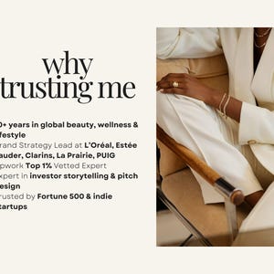 May include: Image features text "why trusting me" with bullet points listing experience in beauty, wellness, and lifestyle. A person in a white suit is seated in a chair, with gold jewelry visible. The image is set against a cream-colored background.