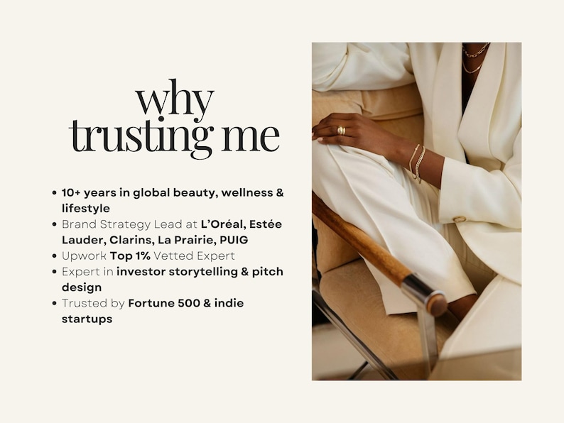 May include: Image features text "why trusting me" with bullet points listing experience in beauty, wellness, and lifestyle. A person in a white suit is seated in a chair, with gold jewelry visible. The image is set against a cream-colored background.