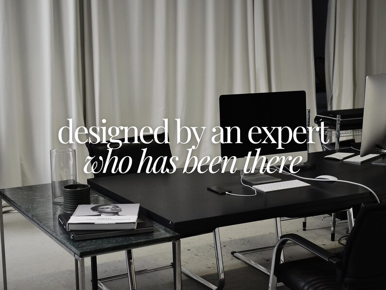 May include: A modern office space with a black desk, computer monitors, and a keyboard. The text "designed by an expert who has been there" is displayed in white. A glass cylinder and books are on a side table.