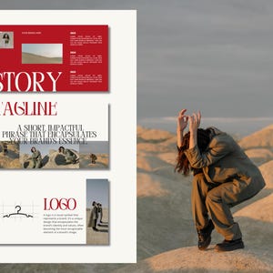 May include: A red and white presentation board with the words "STORY" and "TAGLINE" in large, bold font. The tagline is "A short, impactful phrase that encapsulates your brand's essence." The board also includes a logo section with the word "LOGO" and a graphic of a hanger. The board is set against a backdrop of a desert landscape with a person standing in the distance.