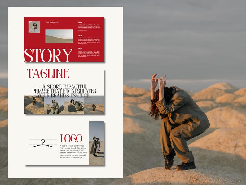 May include: A red and white presentation board with the words "STORY" and "TAGLINE" in large, bold font. The tagline is "A short, impactful phrase that encapsulates your brand's essence." The board also includes a logo section with the word "LOGO" and a graphic of a hanger. The board is set against a backdrop of a desert landscape with a person standing in the distance.