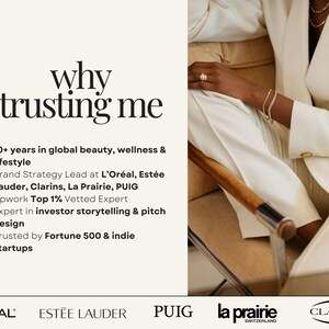May include: Image featuring the text "why trusting me" with bullet points detailing experience in beauty, wellness, and lifestyle. Includes logos for L'Or&eacute;al, Est&eacute;e Lauder, PUIG, La Prairie, and Clarins.