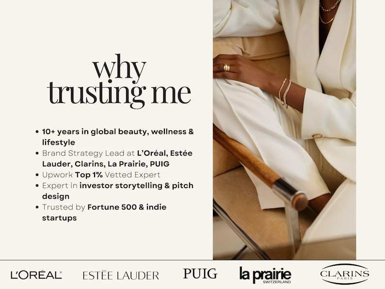 May include: Image featuring the text "why trusting me" with bullet points detailing experience in beauty, wellness, and lifestyle. Includes logos for L'Or&eacute;al, Est&eacute;e Lauder, PUIG, La Prairie, and Clarins.