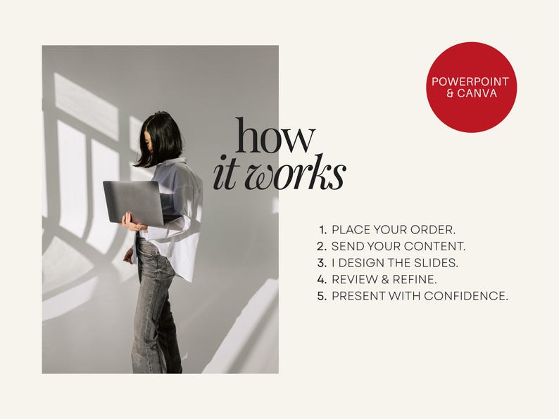 May include: Image shows a person holding a laptop, with the text "how it works" and a list of steps: Place your order, Send your content, I design the slides, Review & refine, and Present with confidence. A red circle says "Powerpoint & Canva."