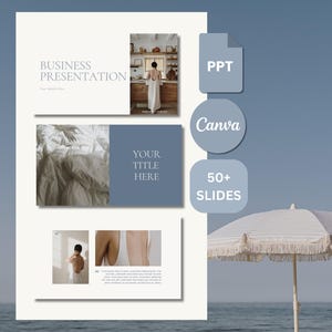 May include: A minimalist business presentation template featuring images and text boxes. The design includes the text "Business Presentation" and "Your Title Here." Icons for PPT, Canva, and 50+ Slides are also visible.