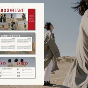 May include: A mood board with a red header that says "MOODBOARD". The board is divided into three sections: "Competitor Two", "Do's", and "Don'ts". Each section has a list of bullet points. The image also includes a photo of a desert landscape with two people wearing beige coats.