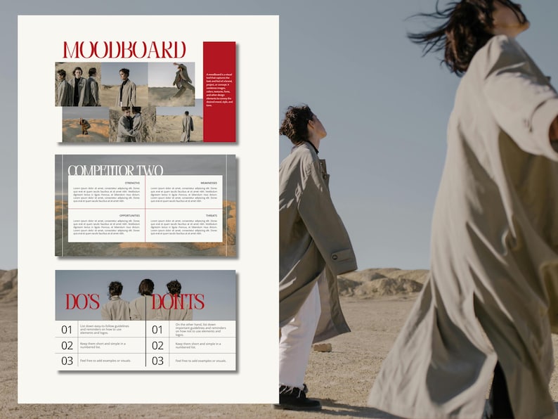 May include: A mood board with a red header that says "MOODBOARD". The board is divided into three sections: "Competitor Two", "Do's", and "Don'ts". Each section has a list of bullet points. The image also includes a photo of a desert landscape with two people wearing beige coats.