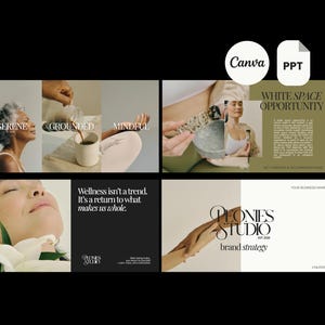 Könnte beinhalten: Eine Markenstrategie-Präsentation für Peonies Studio, ein Wellness-Unternehmen. Die Präsentation zeigt Bilder von Menschen, die Achtsamkeits- und Entspannungstechniken praktizieren. Der Text auf der Folie lautet: "Wellness ist kein Trend. Es ist eine Rückkehr zu dem, was uns ganz macht."