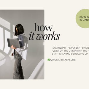 May include: A person holding a laptop, wearing a white shirt and gray pants, stands in front of a white wall with text that reads "how it works." Additional text states "Editable in Canva" and instructions for use.