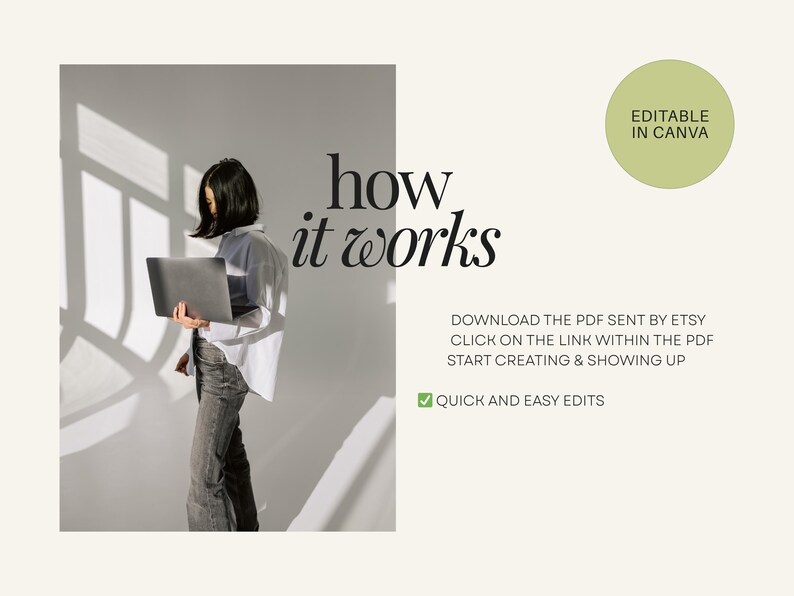 May include: A person holding a laptop, wearing a white shirt and gray pants, stands in front of a white wall with text that reads "how it works." Additional text states "Editable in Canva" and instructions for use.