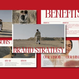 May include: A red and white presentation slide with the text "BRAND STRATEGY" in large red letters. The slide also includes the text "BENEFITS", "REASONS", "OUR VISION", and "OUR MISSION".