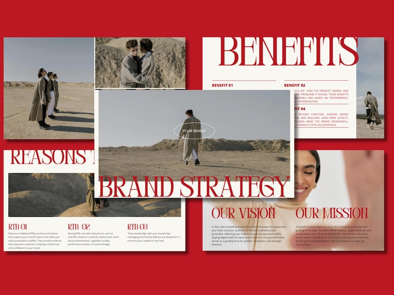 May include: A red and white presentation slide with the text "BRAND STRATEGY" in large red letters. The slide also includes the text "BENEFITS", "REASONS", "OUR VISION", and "OUR MISSION".