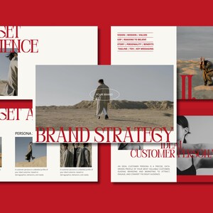 May include: A presentation slide deck with the title "Target Audience" and "Brand Strategy" with images of people in a desert landscape. The text "Ideal Customer Persona" is also visible.