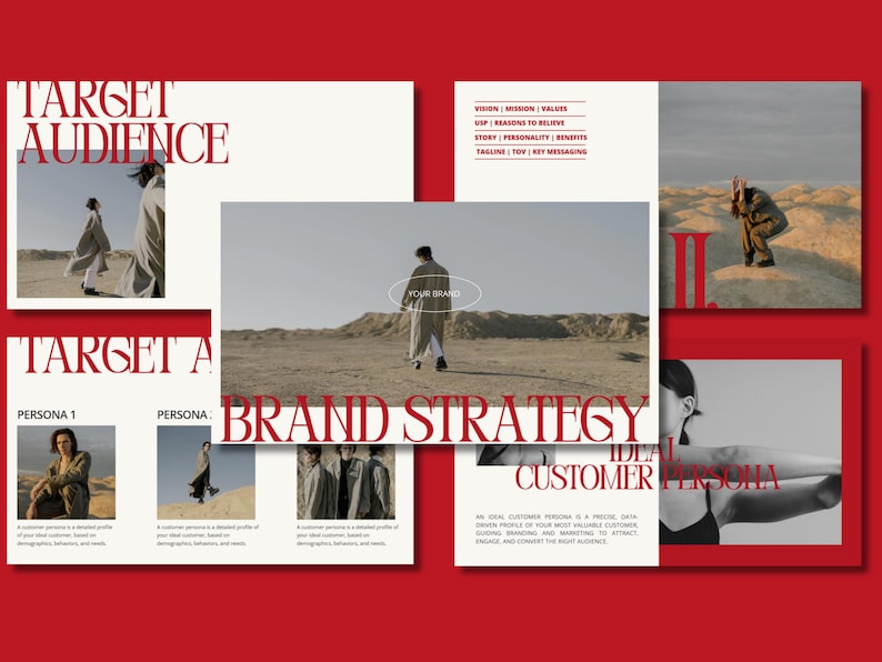 May include: A presentation slide deck with the title "Target Audience" and "Brand Strategy" with images of people in a desert landscape. The text "Ideal Customer Persona" is also visible.