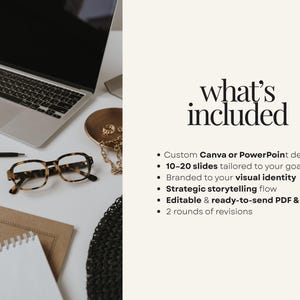 May include: A laptop, eyeglasses, pen, and notepad are arranged on a white surface. The eyeglasses have a tortoiseshell pattern. The text "what's included" is displayed, along with a list of services.