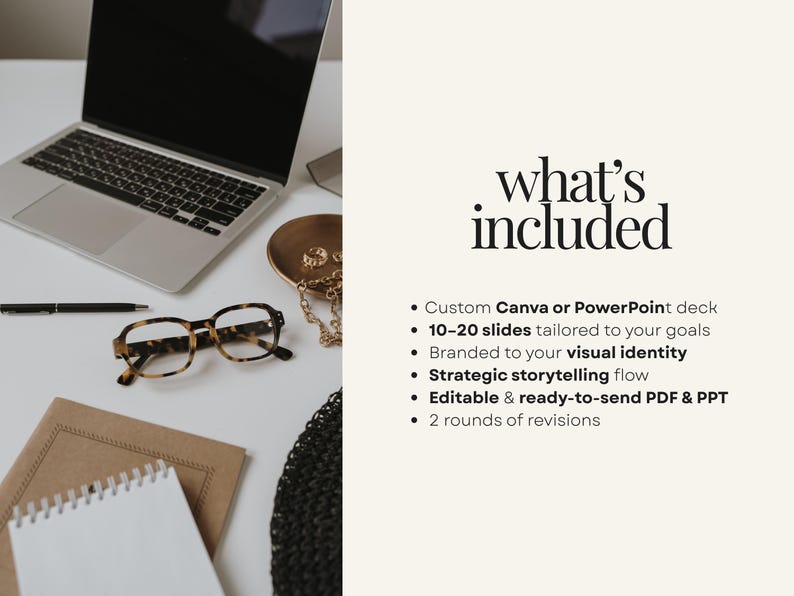 May include: A laptop, eyeglasses, pen, and notepad are arranged on a white surface. The eyeglasses have a tortoiseshell pattern. The text "what's included" is displayed, along with a list of services.