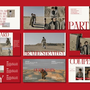 May include: A presentation board with a red background and white text. The board is divided into sections with different topics, including "Brand Strategy", "Our Values", "Competitor", and "Inspirational Images". The board also includes a quote: "Products are made in the factory, but brands are created in the mind."