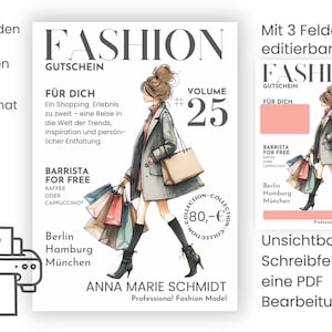 Op de afbeelding: Een modetijdschriftcover met een aquarelillustratie van een vrouw in een grijze jas die boodschappentassen vasthoudt. Het tijdschrift is getiteld "Fashion" en heeft de tekst "Volume #25" en "80,-€" op de omslag. De tekst "Barrista for Free" is ook zichtbaar op de omslag.