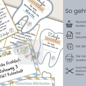Cartas imprimibles para el Hada de los Dientes | Sobre personalizado | Diente de leche | Minisobre con certificado y cartas (PDF, imprimible en azul)