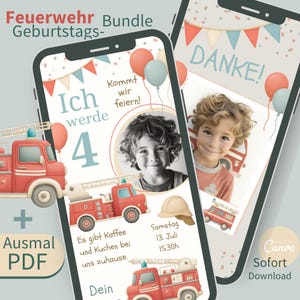 Digitale Einladungskarte zum Kindergeburtstag I Feuerwehr Geburtstag Set zum Ausdrucken | Einladung, Ausmalbilder, Dankeskarte & Etiketten