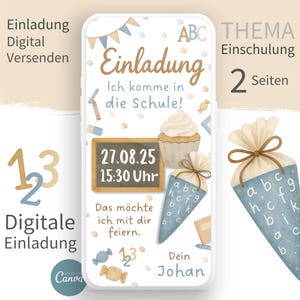 Convite para matrícula escolar l Primeiro dia de aula I Convite digital de 2 páginas Modelo Canva para WhatsApp – design aquarela – bege azul