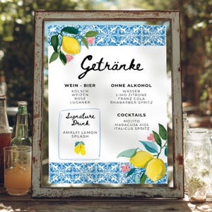 Modèle de carte de boissons citron carte méditerranéenne pour boissons cocktails à imprimer I Canva Link Fête d'été Amalfi téléchargement instantané numérique