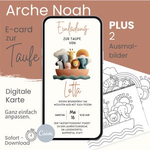 Digitale Einladung zur Taufe l sofort Download I bunte Arche Noah l E-card l Vorlage Canva l WhatsApp l mit Ausmalbildern für Kinderbesuch