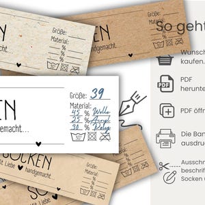 Op de afbeelding: Een printbaar PDF-patroon voor het breien van sokken. Het patroon bevat instructies voor het breien van sokken met wol, acryl en polyester garen. Het patroon is verkrijgbaar in maat 39. De afbeelding toont ook instructies voor het afdrukken, knippen en inpakken van de sokken.