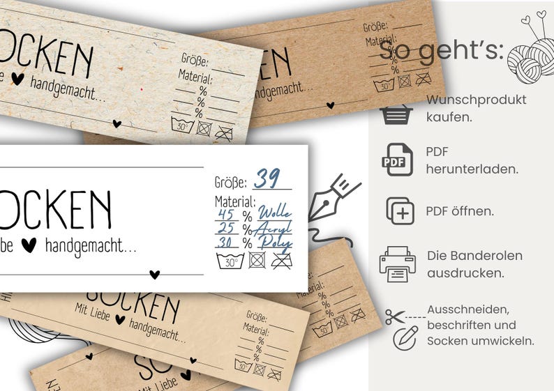 Op de afbeelding: Een printbaar PDF-patroon voor het breien van sokken. Het patroon bevat instructies voor het breien van sokken met wol, acryl en polyester garen. Het patroon is verkrijgbaar in maat 39. De afbeelding toont ook instructies voor het afdrukken, knippen en inpakken van de sokken.