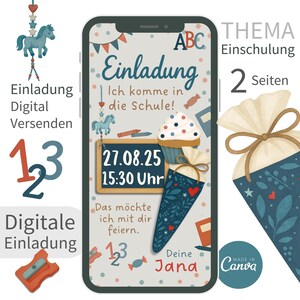 Invito 2 pagine iscrizione scolastica primo giorno di scuola invito digitale Canva cerimonia di iscrizione scolastica inizio della scuola cono scolastico cavallo blu