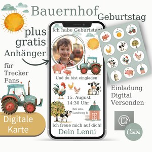 Digitale Einladungskarte zum Kindergeburtstag I Bauernhof I Personalisierte Einladung Kinder I  e-Card I Trecker Canva Vorlage I  Geburtstag