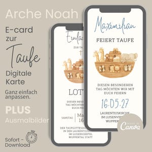 Invitación digital de bautizo l descarga instantánea l Arca de Noé l Tarjeta electrónica l Plantilla Canva l WhatsApp l con páginas para colorear para niños que visitan