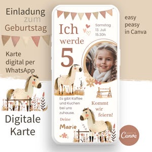 Digitale Einladungskarte Kindergeburtstag I Einladung I  eCard Geburtstagseinladung I Pferd Pony Reiten I WhatsApp Canva l Pferdenarr