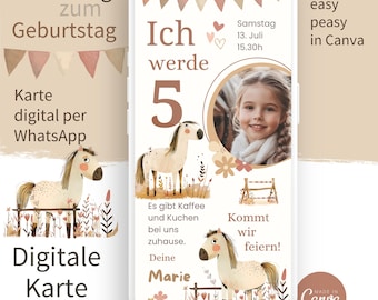 Digital invitation card children&#39;s birthday I Invitation I eCard birthday invitation I Horse Pony Riding I WhatsApp Canva l Horse lover