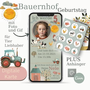 Digitale animierte Einladungskarte zum Kindergeburtstag I Bauernhof I Einladung Kinder I  e-Card I Tiere Trecker Canva Vorlage I  Geburtstag