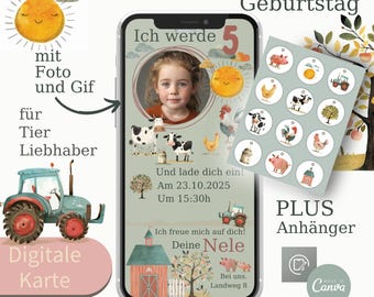 Digitale animierte Einladungskarte zum Kindergeburtstag I Bauernhof I Einladung Kinder I  e-Card I Tiere Trecker Canva Vorlage I  Geburtstag