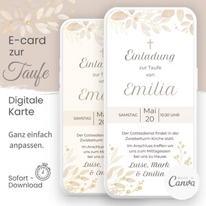 Doopuitnodiging l direct downloaden boho bladeren ranken l digitale uitnodiging e-card l sjabloon Canva l WhatsApp l beige roségoud