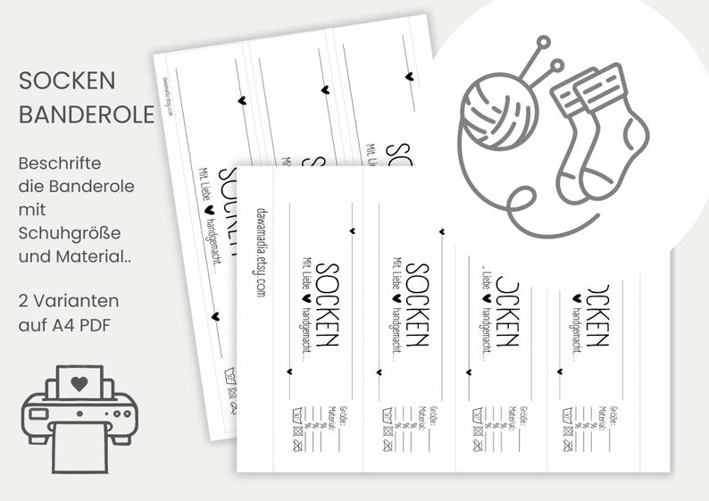 Op de afbeelding: Printbare sokketetiketten met een zwart-wit ontwerp. De etiketten bevatten de tekst "Sock" en "Mit Liebe handgemacht", wat "Met liefde handgemaakt" betekent. De etiketten hebben ook ruimte om de maat en het materiaal van de sokken in te vullen.