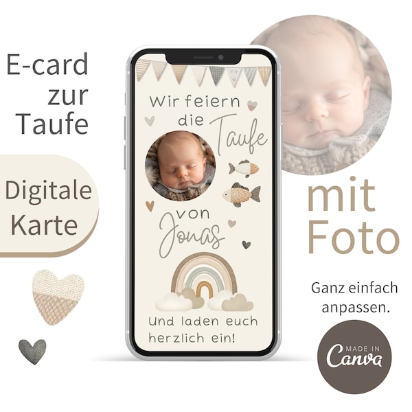 2 Seiten Einladung Handy l Boho Regenbogen l digitale Einladung Taufe l e-card l Vorlage Canva Jonas l WhatsApp Einladung l beige