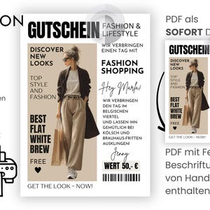 Op de afbeelding: Een digitaal mode-ontwerpsjabloon met het woord "Gutschein" en de tekst "Fashion & Lifestyle". De afbeelding toont een vrouw in een beige broek en een zwarte jas, met een boodschappentas. De tekst bevat "Discover New Looks" en "Fashion Shopping".