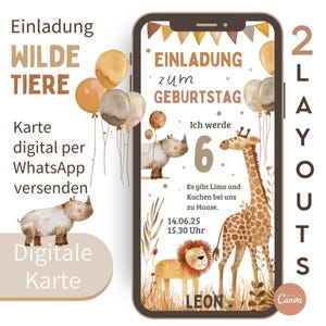 Digitale uitnodigingskaart kinderverjaardag wilde dieren uitnodiging eCard dierenillustratie uitnodiging verzenden via WhatsApp-sjabloon Canva Giraffe