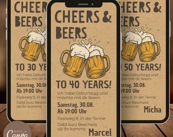 May include: Three brown paper phone screen mockups with a birthday party invitation. The invitation features a cartoon image of two beer mugs clinking together. The text on the invitation reads "Cheers & Beers" and includes the age, date, time, and location of the party. The text on the invitation also includes the names "Marcel" and "Micha".