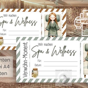 Puede incluir: Dos plantillas de certificados de regalo imprimibles para tratamientos de spa y bienestar. Las plantillas presentan un fondo a rayas marrón y blanco con una ilustración de spa de una mujer con una bata. El texto en la plantilla dice "Verwöhn-Moment" que se traduce como "Momento de mimos" en español. El texto también dice "Wir machen Spa & Wellness" que se traduce como "Hacemos Spa & Wellness" en español.