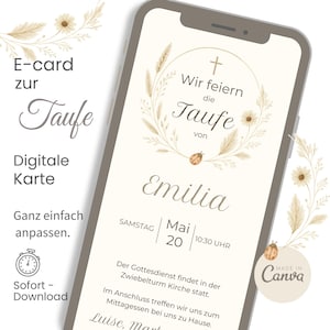 Invitación de bautizo l descarga instantánea l corona de mariquita con flores secas 4 l invitación digital tarjeta electrónica l plantilla Canva l WhatsApp l beige
