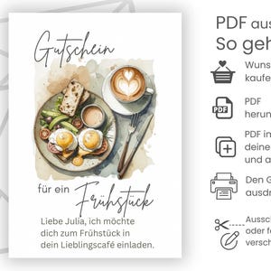 May include: A watercolour illustration of a breakfast plate with eggs, avocado, and toast. The text "Gutschein für ein Frühstück" is written on the card. The card also includes instructions on how to use the gift certificate, which is a PDF that can be downloaded, printed, and given as a gift.