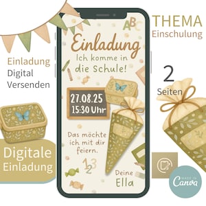 Invito di 2 pagine per l'iscrizione alla scuola, primo giorno di scuola, invito digitale, Canva, cerimonia di iscrizione alla scuola, annuncio di inizio della scuola, cono scolastico beige
